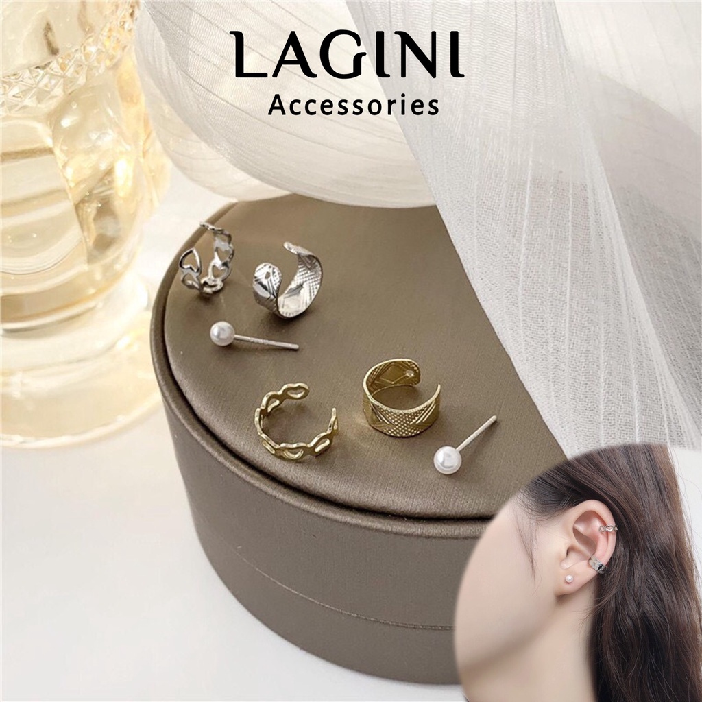 Set 2 cài vành tai và khuyên tai ngọc trai chốt bạc 925 Lagini phong cách trẻ trung năng động nữ tính Hàn Quốc