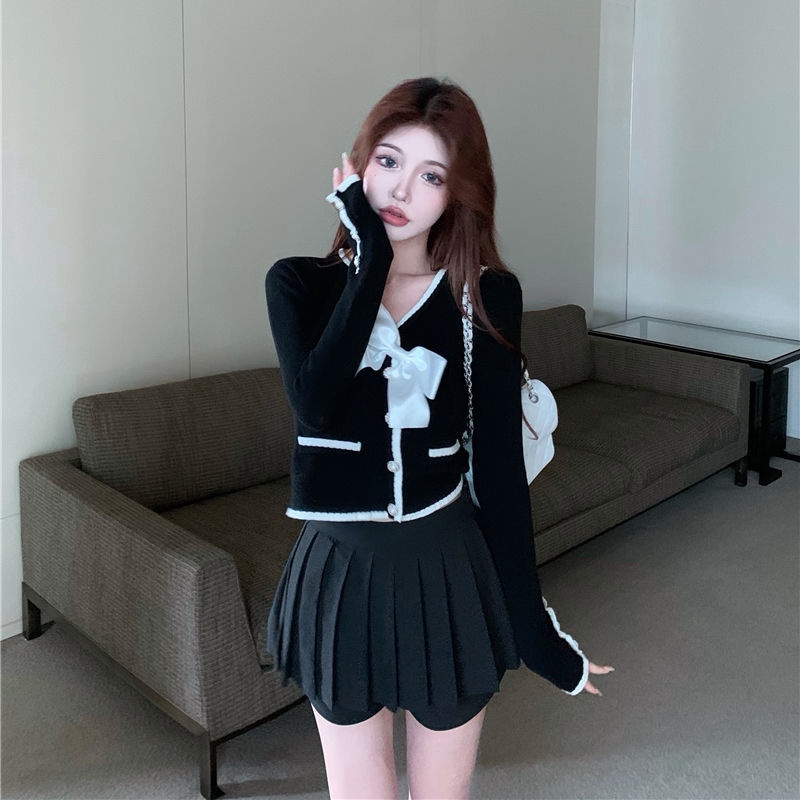 Áo cardigan dệt kim tay dài dáng rộng phối nơ thời trang mùa thu mới cho nữ