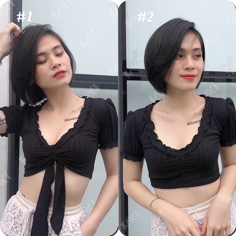 Áo Croptop Tay Ngắn Phối Viền Bèo Cột Nơ (Mặc được 2 kiểu) - AN08