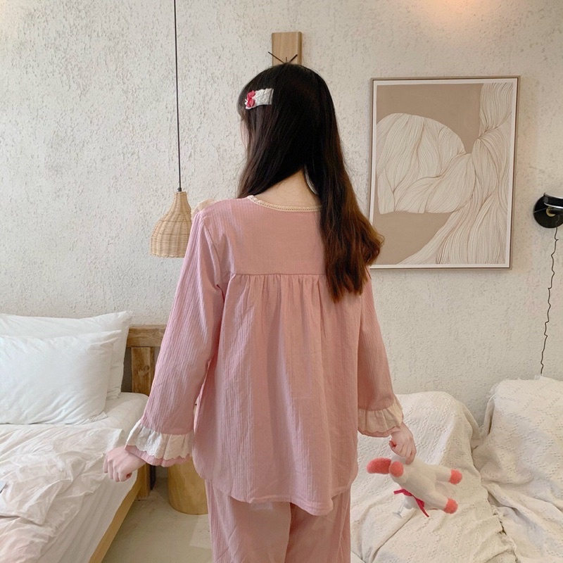 ĐỒ BỘ NỮ MẶC NHÀ tay dài cổ phối bèo viền ren tiểu thư Quảng Châu