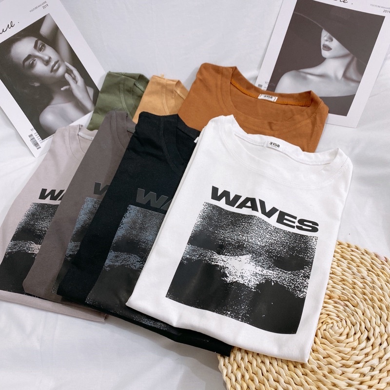 Áo phông 3158, áo thun tay lỡ form rộng chất cotton in chữ waves