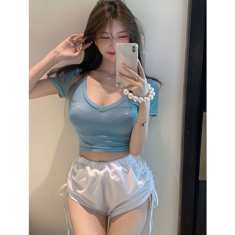 Cocory vn Áo croptop tay ngắn cổ chữ V màu trơn tùy chọn phong cách đơn giản
