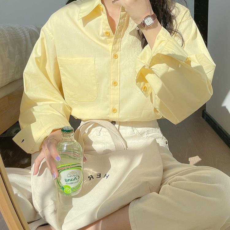Áo Sơ Mi Nữ Tay Dài Màu Vàng Kem Phong Cách Pháp Ngọt Ngào