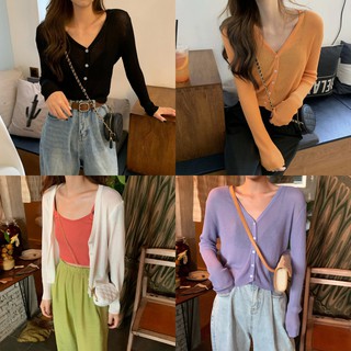 Yeegirls Thin V-neck Top Knitwear Simple Loose Long Sleeve 4 Colors One Size