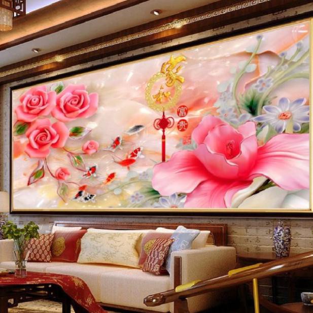 Tranh thêu chữ thập cửu ngư quần hội tuyệt đẹp kt 148×96cm