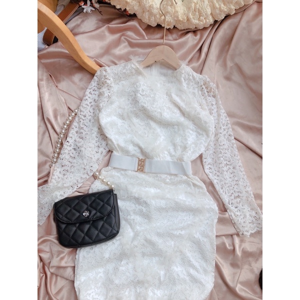 Đầm body ren kèm belt, váy body ren tay dài cao cấp | BigBuy360 - bigbuy360.vn