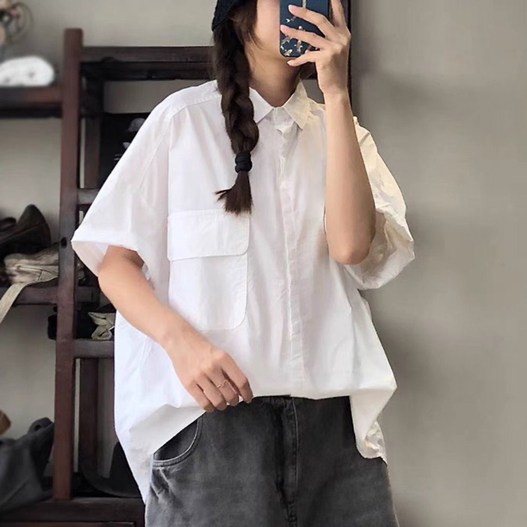 (TỔNG KHO LÂM ANH CHUYÊN SỈ) Áo sơ mi nữ form rộng tay cộc túi hộp chất thô mát (Trắng, Xanh dương, Đen)