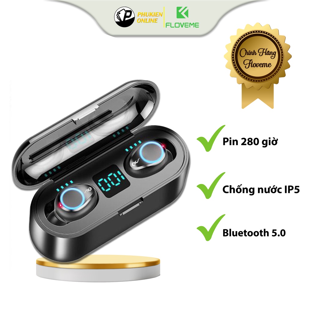 Tai Nghe Không Dây True Wireless Floveme F9s Kiêm Sạc Dự Phòng, Bluetooth 5.0, Kháng Nước IPX5, Nút Cảm Ứng