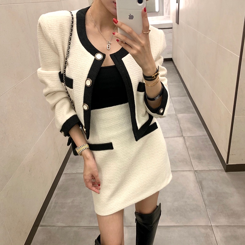 Set Áo Khoác Viền Tương Phản + Chân Váy LSEOUL B1018 Chất Dạ Tweed Dày Dặn Thanh Lịch