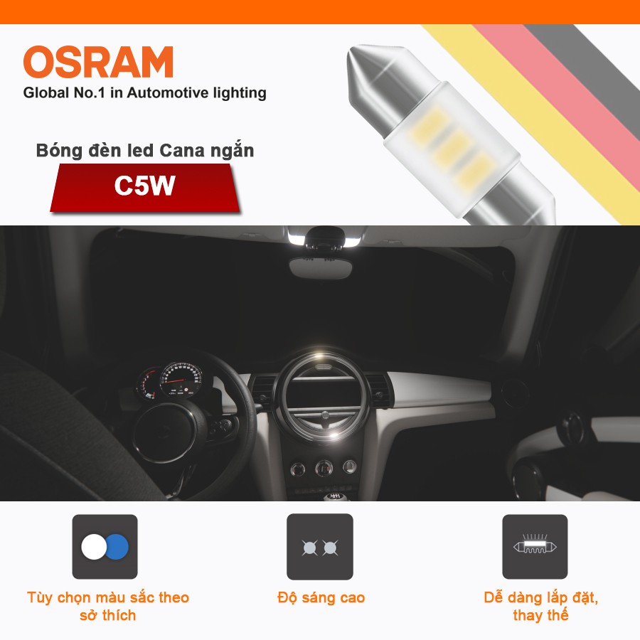 Bóng Đèn Led Cana Ngắn OSRAM Standard Retrofit C5W 12V Màu Trắng Cool - Nhập Khẩu Chính Hãng