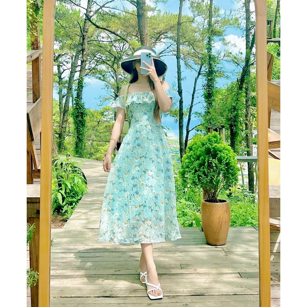 Váy trễ vai maxi, đầm hoa, đi biển, đi chơi, sang chảnh màu xanh ngọc Linstore thiết kế V17 Lins96 98.studio