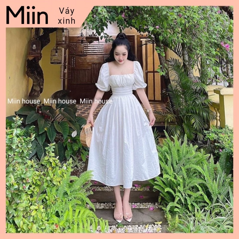 Váy maxi tay lửng xếp ly eo ngực