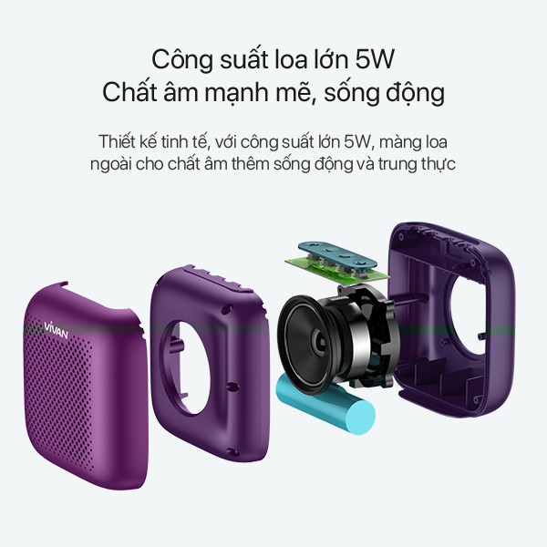 Loa Bluetooth mini Vivan VS1 chống nước chuẩn IPX5 an toàn sử dụng, Bluetooth 5.0 công suất 5W, âm thanh trung thực