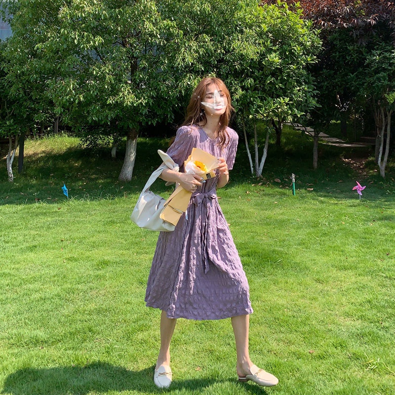 Đầm Ôm Eo Buộc Dây Màu Tím Phong Cách Pháp Thời Trang Mùa Hè Ngọt Ngào Cho Nữ