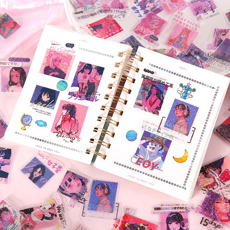 Sticker Hologram 💖 Túi 40 Hình Dán Mũ Bảo Hiểm Laptop Điện Thoai NEON SWEETHEART Trang Trí Sổ Bullet Journal
