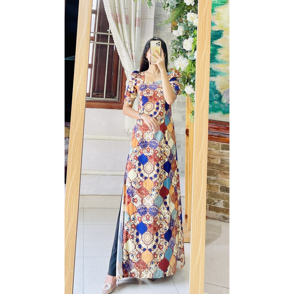 Áo dài cô ba sài gòn tay phồng họa tiết gạch bông retro vintage