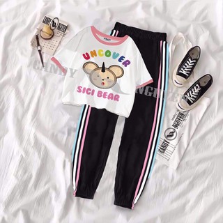 set áo croptop viền hồng + quần 3 sọc 3 màu bo gấu uncover sici bear Kt