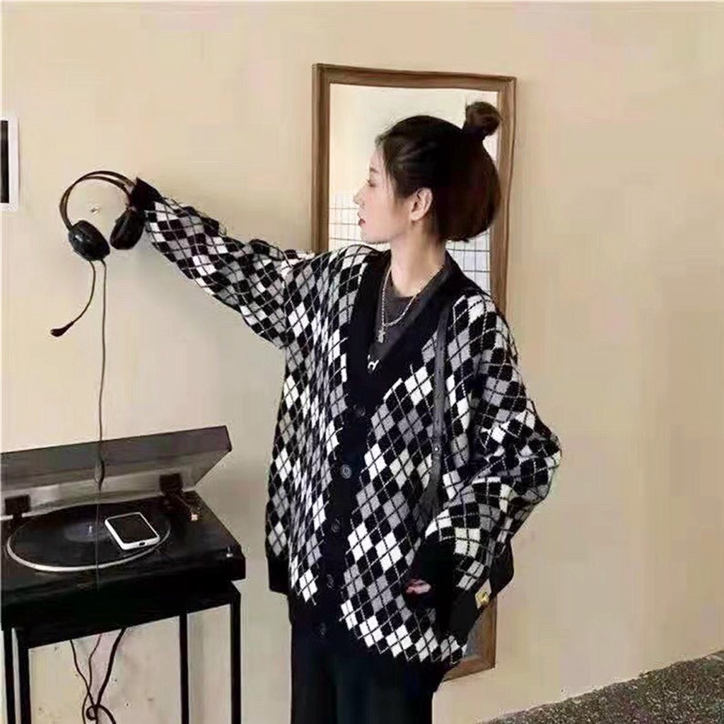 Áo cardigan len họa tiết quả trám nhỏ phối khuy Ulzzang (hàng QC) - Ảnh thật cận chất