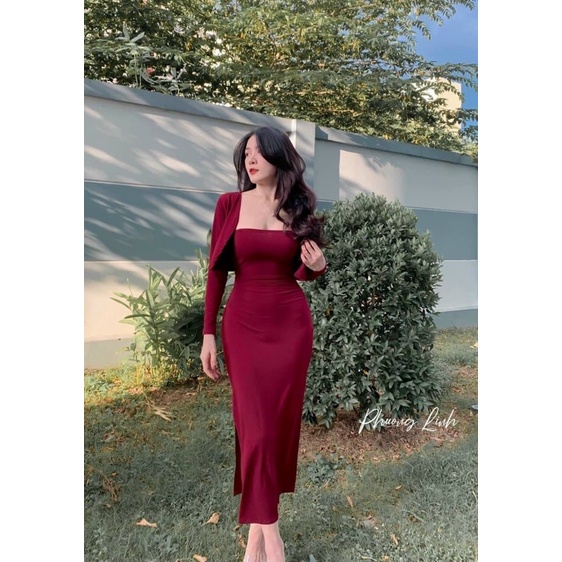 SALE 70%]SÉT VÁY ÁO  DỰ TIỆC CHUẨN MẪU HOTGIRL, TK NHÚN EO XẺ ĐÙI KÈM ÁO KHOÁC CHUẨN MẪU ĐỦ SIZE:S_M_L_XL_BIGSIZE