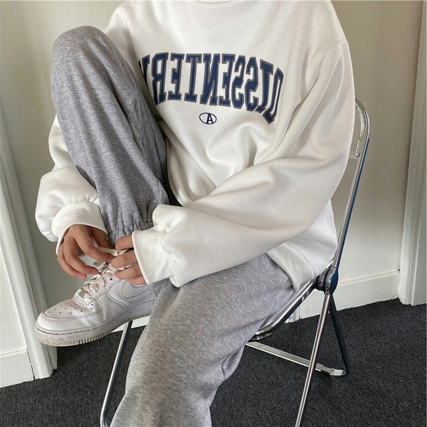 Porozi  Áo sweater  tay dài cổ tròn in chữ phong cách Hàn Quốc xinh xắn cho nữ