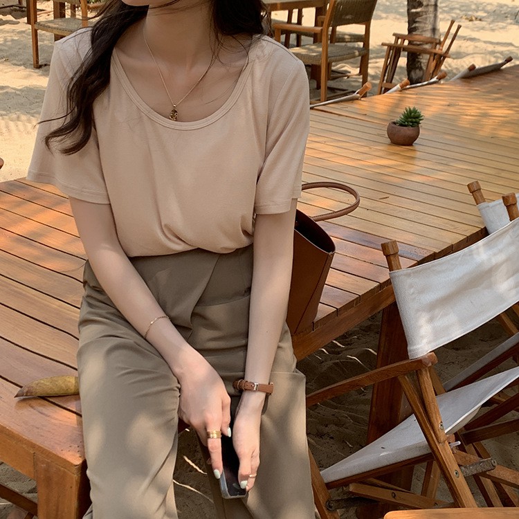 Áo thun trơn Ngắn tay nữ Áo phông nữ Cổ tròn Tay ngắn Cotton Basic Form rộng Ulzzang Hàn Quốc Thời trang | BigBuy360 - bigbuy360.vn