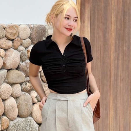 Áo croptop thun có cổ tay ngắn nhún ngực thời trang GAGO màu đen GA3995