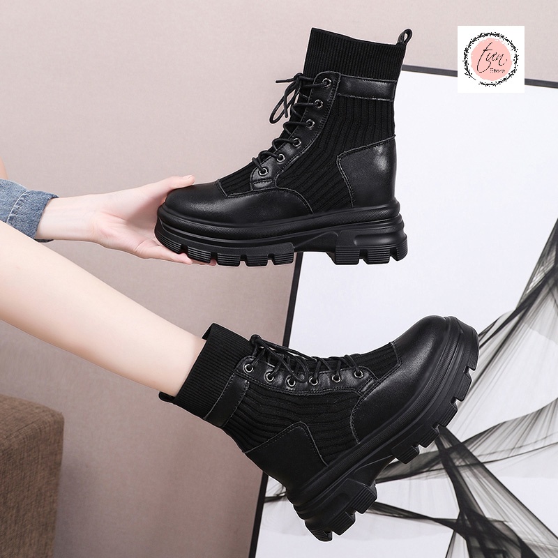Giày bốt nữ cổ cao độn đế 8 phân cao cấp da thun mềm co dãn êm chân tôn dáng