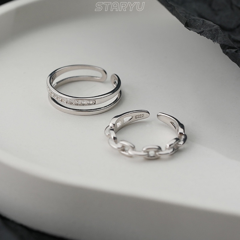 Nhẫn đeo ngón tay chuỗi xích/ hai lớp đính đá zircon nhân tạo mạ bạc 925 thời trang đơn giản dành cho nữ