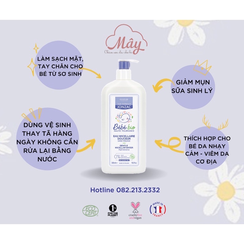 Nước làm sạch da hữu cơ cho bé từ sơ sinh Micellar Léa Nature - Jonzac Bébé Bio - Nội địa Pháp