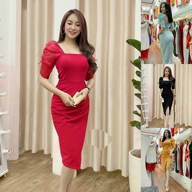 Đầm Ôm Body Xếp Ly Xẻ Tà Xéo Duyên Dáng