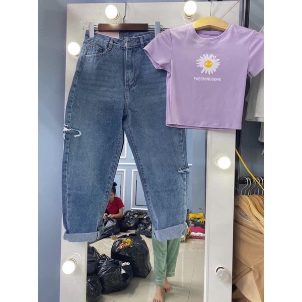 Quần Baggy Form To Rách Sole Sườn, Lưng Cao Qua Rốn, Chất Cotton Không Co Giãn