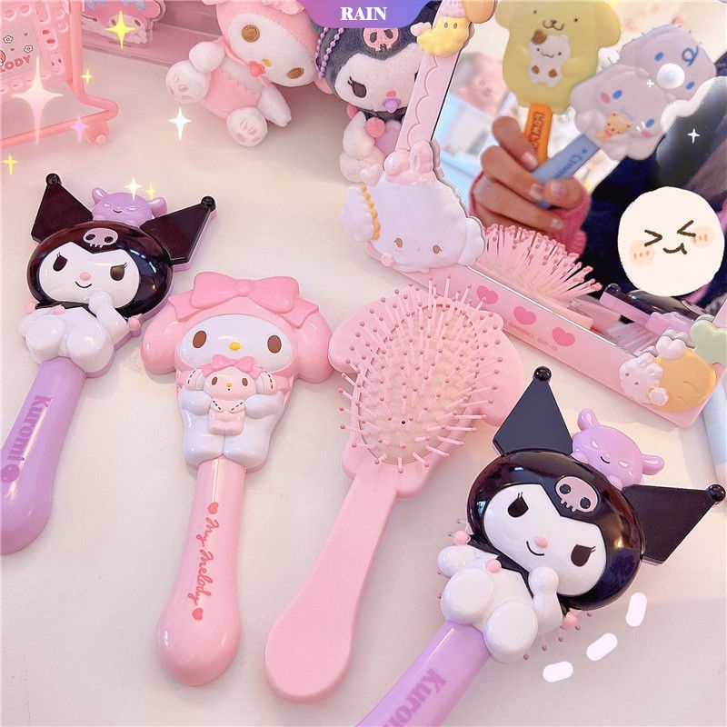 SANRIO Lược Chải Tóc Massage Có Gương Cầm Tay Họa Tiết Hoạt Hình 3D Dễ Thương Cho Bé Gái
