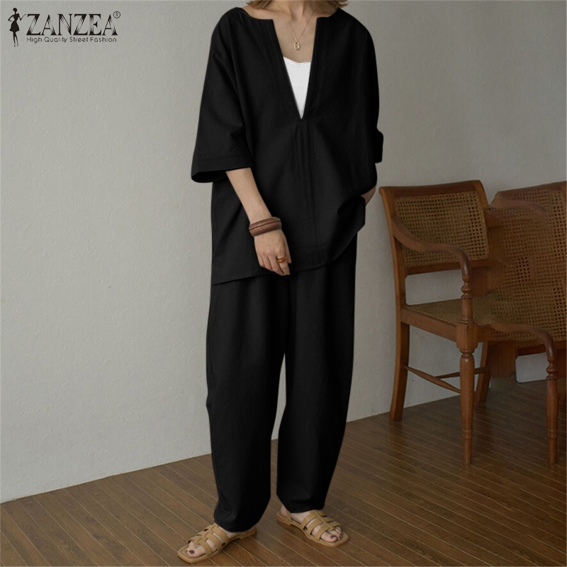 Bộ đồ ZANZEA cổ chữ V tay lỡ phối túi với quần lưng thun đơn giản thời trang dành cho nữ