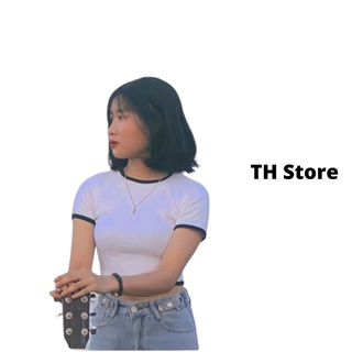 Áo Croptop nữ tay ngắn cổ tròn ôm dáng body cá tính, Áo croptop nữ viền đen trắng