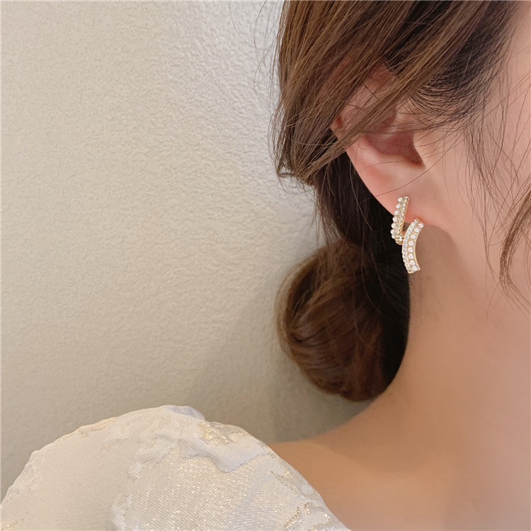 Bông Tai Ngọc Trai Đính Kim Cương Giả Lấp Lánh Phong Cách Hàn Quốc Cho Nữ