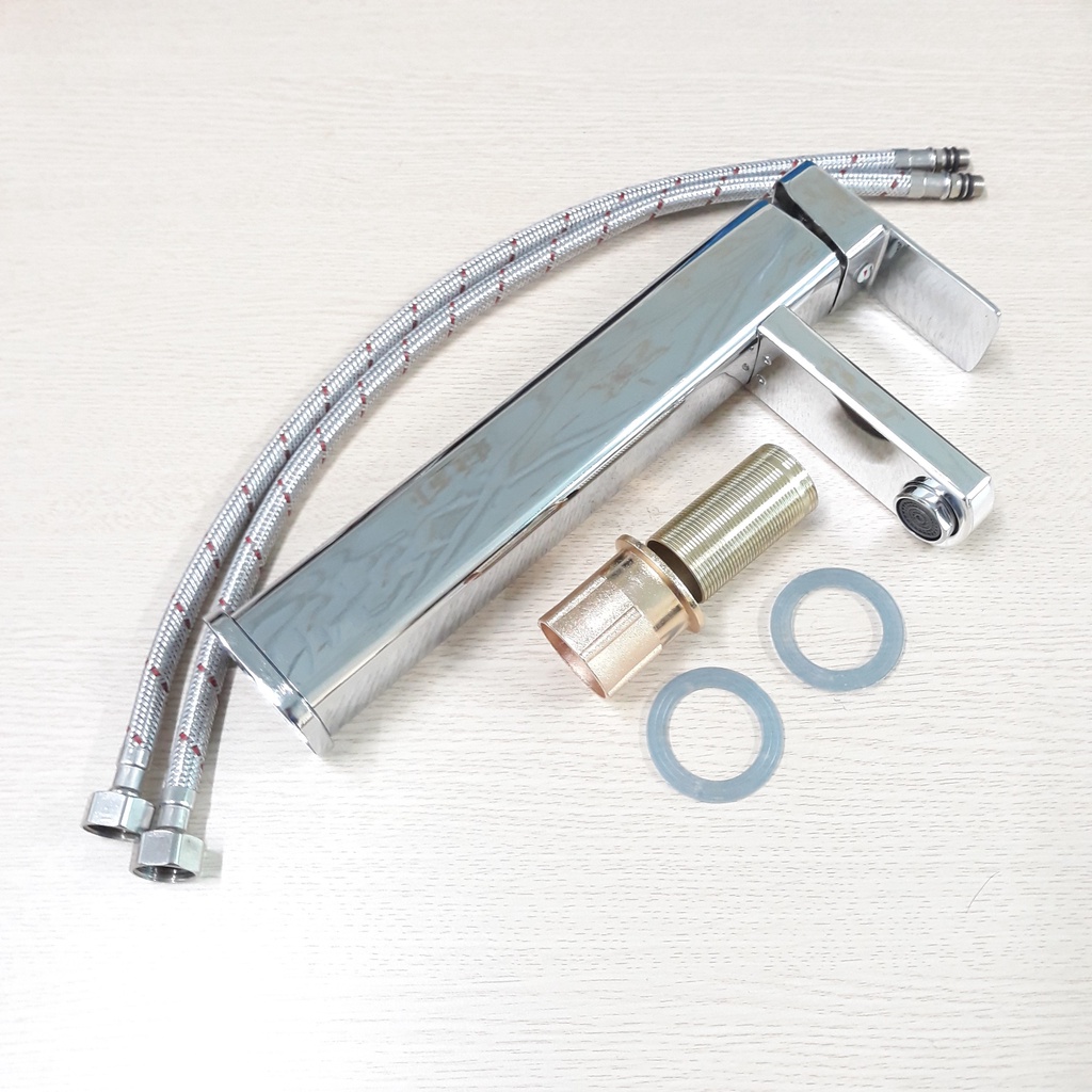 Vòi lavabo nóng lạnh trụ vuông 30cm chất liệu Inox 304 mạ Màu Bạc cao cấp với đầu vòi tạo bọt, chống giọt bắn