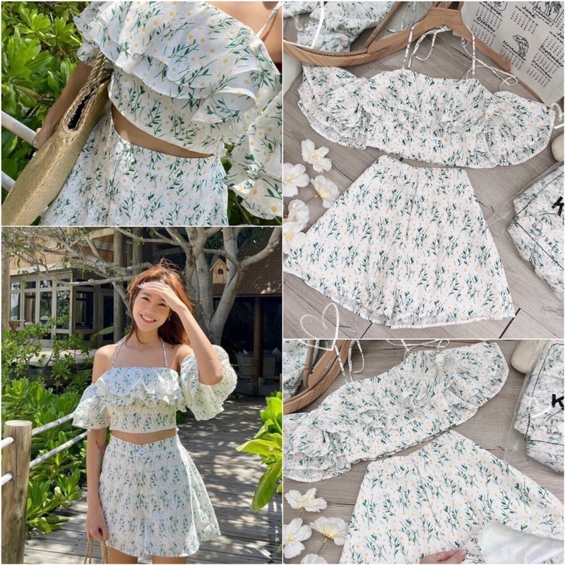 Set Áo Crop Nhún Bèo Thắt Dây Cổ Kèm Short Hoa Chất Xô Vải Cao Cấp