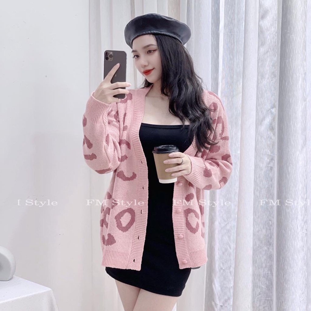 Áo khoác len nữ Fm Style cardigan form rộng cổ tim hoạ tiết da beo phong cách hàn quốc 211102076