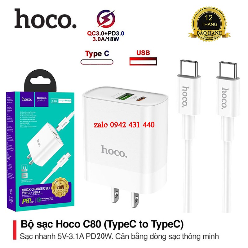 Bộ Cốc sạc 2 cổng USB và PD kèm Cáp sạc Type-C to Type-C Hoco C80 QC3.0 và PD 20W
