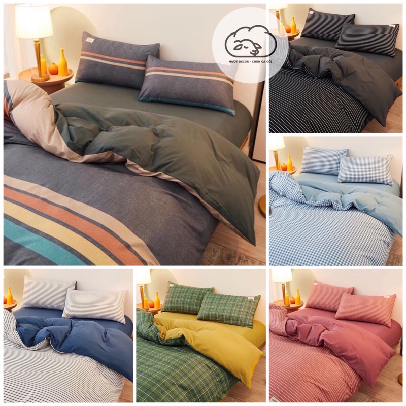 Bộ Chăn Ga Gối ❤️ Cotton tici kẻ đủ size ga giường cotton đũi phong cách Hàn Quốc nhập khẩu Mượt Decor