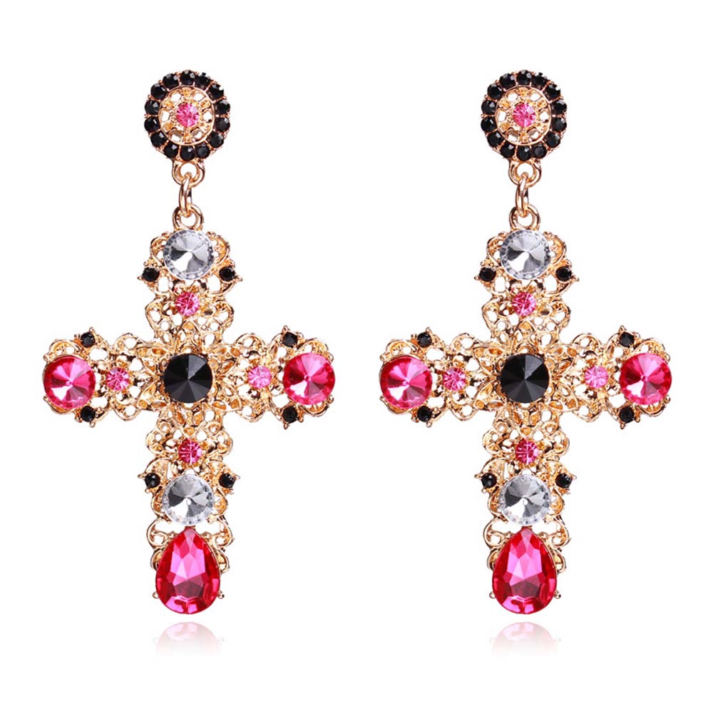 Khuyên tai xỏ hình chữ thập dáng dài màu hồng đen thời trang cho nữ