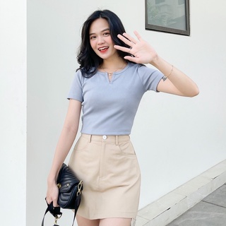 Áo thun croptop cổ v zareen thu125 xanh xám