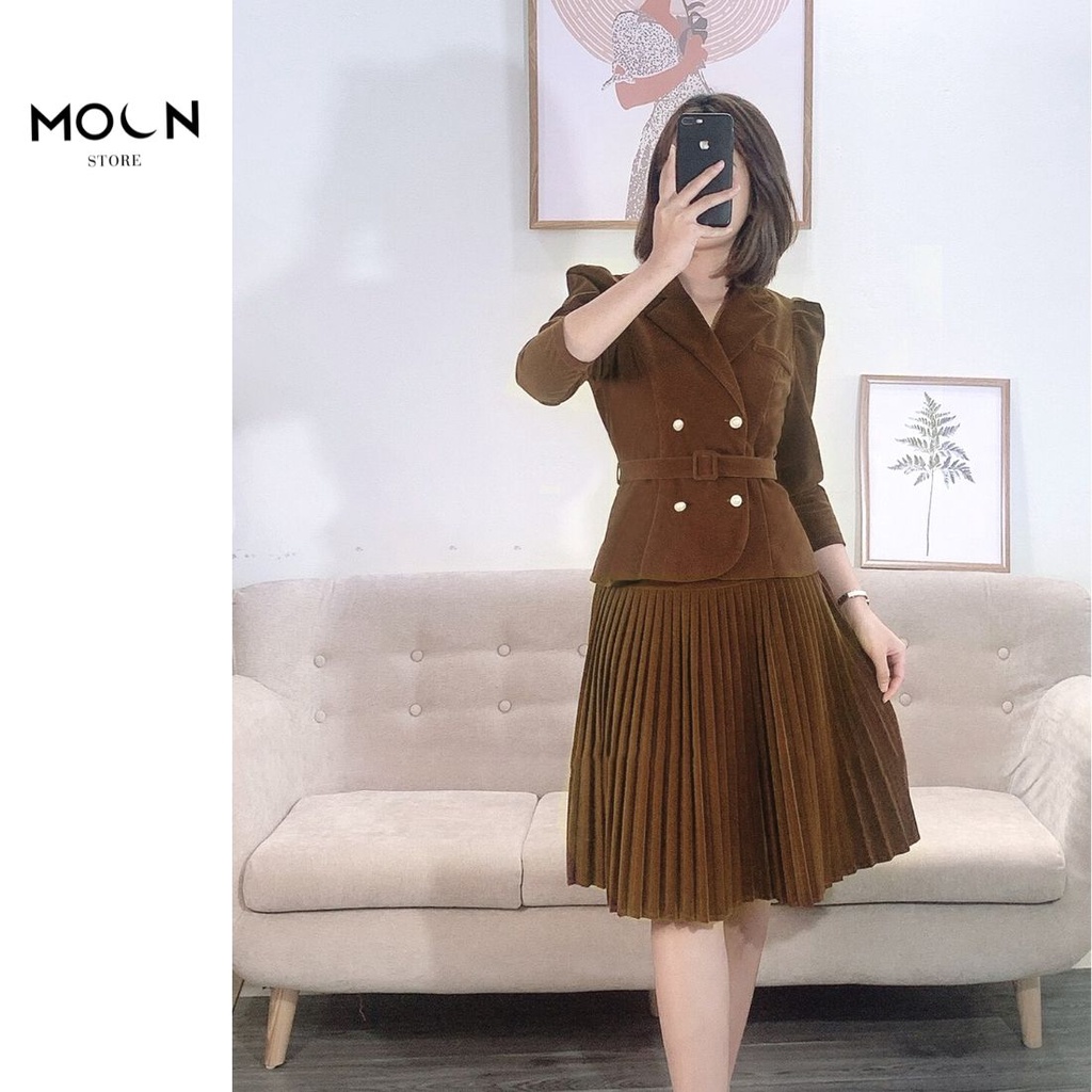 Áo khoác nhung nữ cổ vest phối đai eo thu đông BVE26 MOON STORE | BigBuy360 - bigbuy360.vn