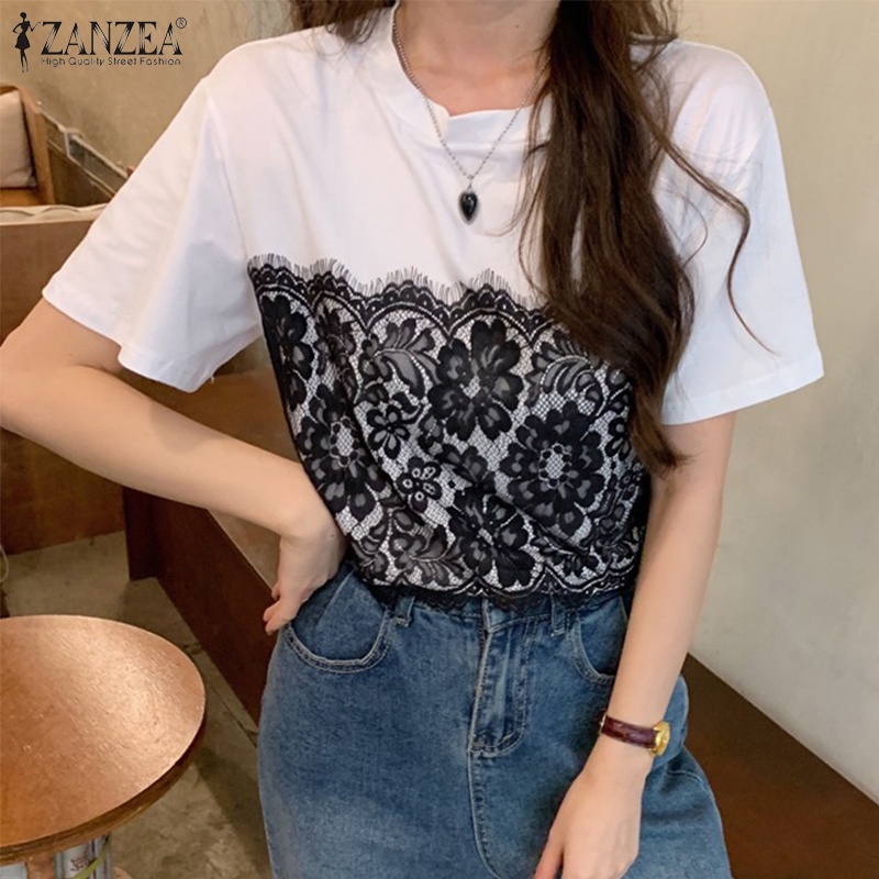 Áo thun ZANZEA tay ngắn phối ren cổ tròn cho nữ