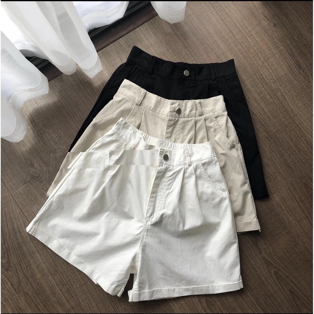 Quần Short Kaki 3 Màu PEONYB Nữ [FREESHIP] 🌸 Shorts khaki sắn gấu cạp khuy lưng thun màu ĐEN | TRẮNG | BE Ulzzang 🌸