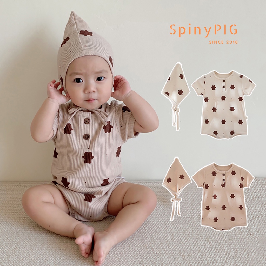 Bộ body cho bé 0-2 tuổi kèm mũ style Hàn Quốc dệt kim hoạ tiết gấu cộc tay dành cho hè thu