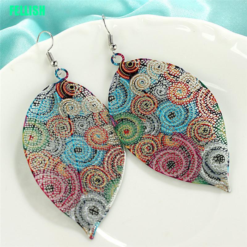Bông Tai Dài Hình Chiếc Lá Nhiều Màu Phong Cách Boho
