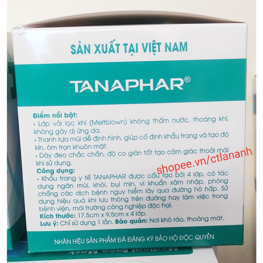 [Mã COSDAY - 50k đơn 250k] Khẩu trang y tế TANAPHAR 3, 4 lớp hộp 50 chiếc màu xanh, trắng