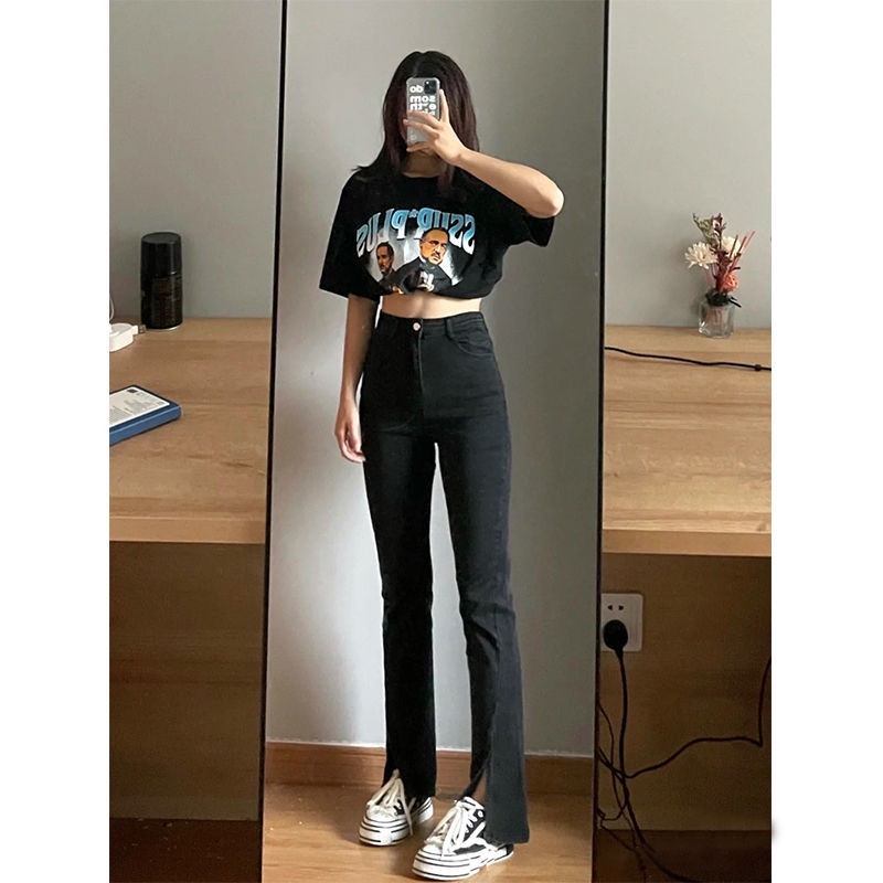 Quần Jeans Đen Lưng Cao Ống Rộng Cho Nữ