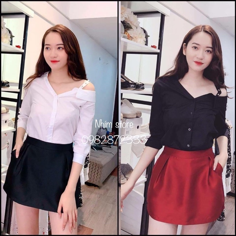 [Mã 253FASHIONSALE giảm 12% đơn 99K] Áo Sơ Mi lệch vai màu trắng đen sơ mi có dây vai Sơ mi lụa